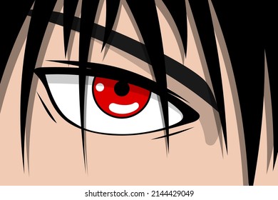 Anime Pretty Boy Face With Red Eye And Black Hair. Manga Hero Art Background Concept. Vector Cartoon Look Eps Illustration