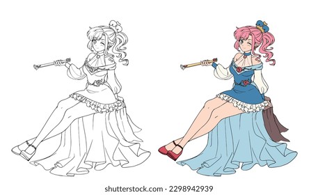 Anime princess sitting on stump holding the fan. Vector isolated illustration for children coloring book