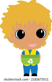 Anime Recycle Boy in Vest with Recycle Bin Isolated Over White