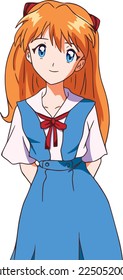 Anime red-haired girl with blue eyes, blue school uniform