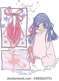 Anime with ribbons and ballerina shoes graphic, manga style 