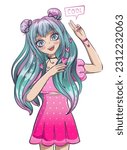 Anime School girl print. Fashion girl illustration. Manga style woman with long colorful hair. Pretty young girl kawaii. space buns hairstyle. Pink dress with polka dot print