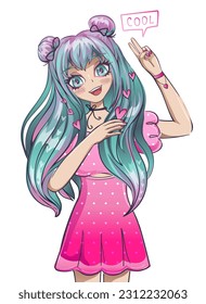 Anime School Mädchen drucken. Mode-Girl-Illustration. Frau im Manga-Stil mit langen bunten Haaren. Hübsches junges Mädchen kawaii. Der Raum strahlt Frisur aus. rosafarbenes Kleid mit Polka-Punkt-Druck