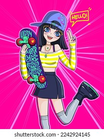 Anime School Mädchen mit Skateboard auf rosafarbenem Hintergrund. Manga Teenager Illustration. Sportplakat für Skateboarden.