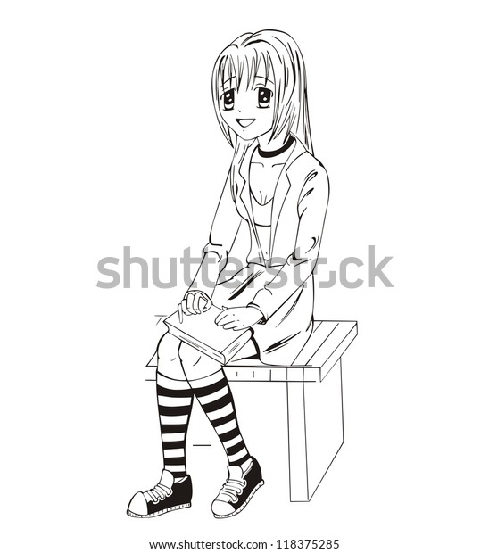 Anime Schoolgirl Sitting Black White Vector Stock Vector Royalty Free