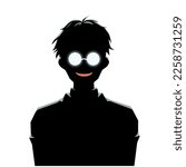 Anime silhouette of a guy in shining round glasses. Vector male silhouette of character with mad creepy smile