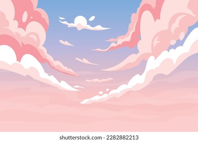 Anime-Himmel, rosafarbene Wolkenlandschaft. Frische Romantik und Liebe Himmelluft, saubere blaue Farbverlauf-Szene, helle Natur. Sonnenuntergang und Sonnenaufgang bewölkt. Sonniges Wetter, Vektorgrauem Cartoon-Hintergrund.