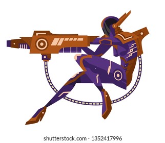 anime space suit robot skeleton woman with blaster arm weapon