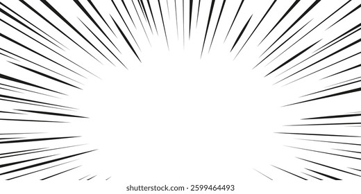 Anime speed lines on white background. Vector cartoon illustration of comic fast motion, burst or explosion effect, abstract rays concentration on superhero in center, manga sketch design element