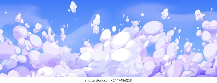 Anime style blue sky with fluffy clouds. Vector cartoon illustration of beautiful cloudscape for adventure game background, magic dream flight, heavenly cloudy backdrop, summer skies, fresh air