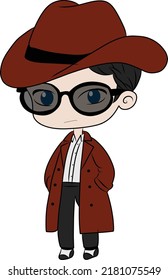 Anime Style Boy in Hat and Trench Coat with Sunglasses Vector Illustration Over White