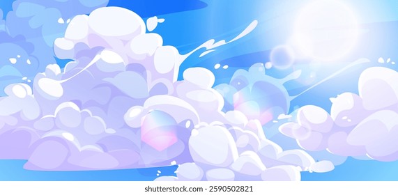 Anime style clouds in sunny sky. White fluffy formations float on blue background. Pink tinted cumulus masses with dreamy atmosphere for comic game backgrounds. Cloudscape with bright sun light.