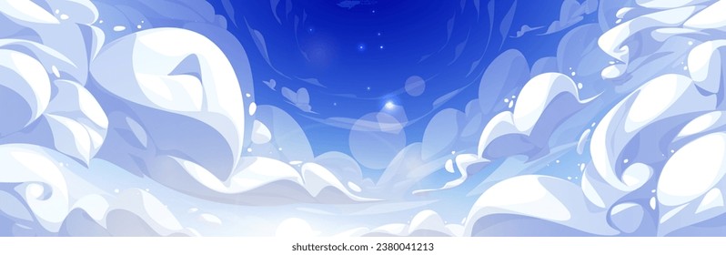 Paisaje en la nube de estilo anime. Ilustración de dibujos animados de Vector de cielo celestial azul claro con nubes blancas esponjosas y llamaradas brillantes de la luz del sol, día nublado de verano, amanecer o atardecer diseño, fondo de vuelo