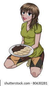 Anime Style Cute Girl Holding Cookie Plate