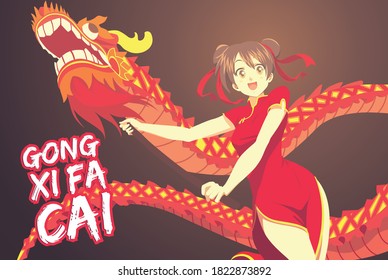 an anime style drawing about a lady with dragon puppet in vector illustration 