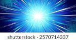 Anime style explosion background with bright comic burst effect - dynamic blue radial rays emanating from central light source. Halftone pattern with glowing streaks for energetic motion blast.