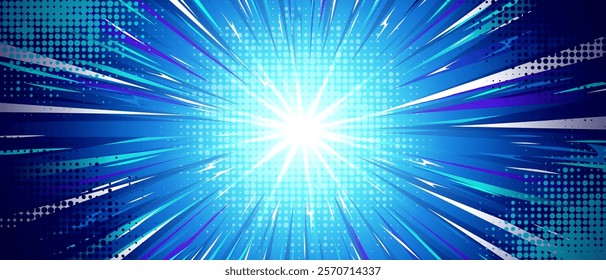 Anime style explosion background with bright comic burst effect - dynamic blue radial rays emanating from central light source. Halftone pattern with glowing streaks for energetic motion blast.