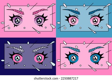 Anime style eyes in pink color palette. Concept of a manga comic book page.