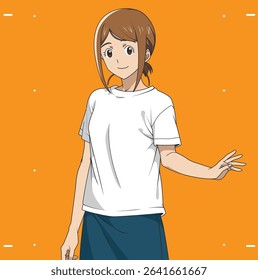anime style female character with editable white t-shirt front view in vector