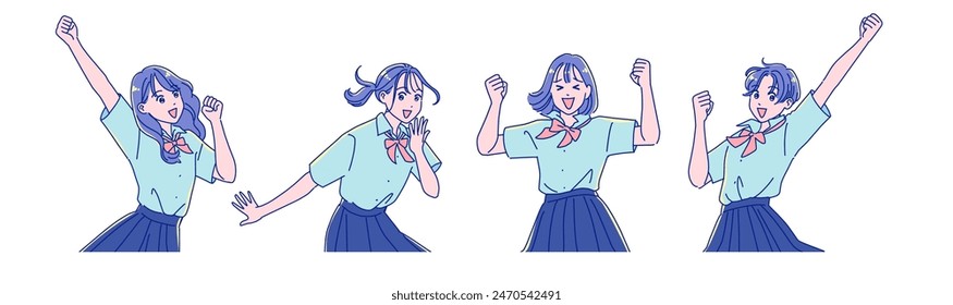 Anime style female student fist pumping with joy