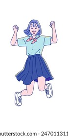 Anime style female student jumping with joy