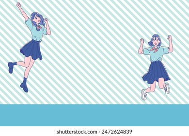 Anime style female student jumping with joy