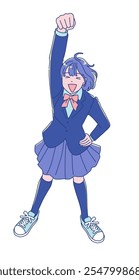 Anime style female student jumping with joy