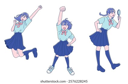 Anime style female student jumping with joy