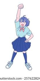 Anime style female student jumping with joy