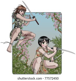 Anime Style Female Warriors Fighting - Nature Background