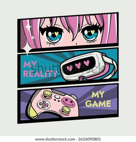Anime style gamer tee design with girl Anime eyes, pink hair, gamepad, Virtual reality, VR glasses. Kawai girl face, comics style t shirt design for gamer 