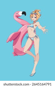 Menina estilo anime com expressão alegre em um biquíni listrado e flamingo flutuante. Ela se posiciona brincalhamente contra um fundo azul sólido. Ilustração vibrante de verão.