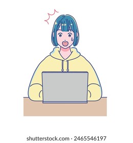 Anime style girl studying using a computer