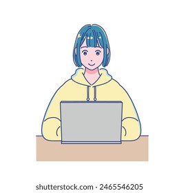 Anime style girl studying using a computer