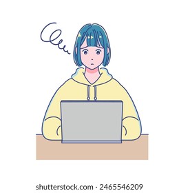 Anime style girl studying using a computer
