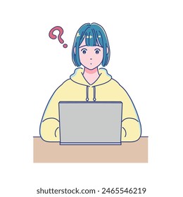 Anime style girl studying using a computer