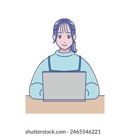 Anime style girl studying using a computer