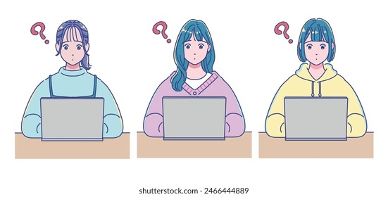 Anime style girl studying using a computer