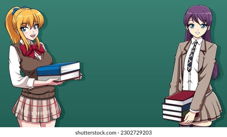 Anime style illustration of 2 schoolgirls in school uniforms holding books in front of green chalkboard.