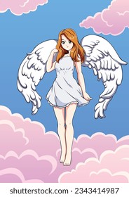 Anime style illustration of beautiful girl angel flying in the sky.