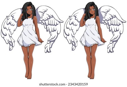 Anime style illustration of beautiful girl angel on white background.