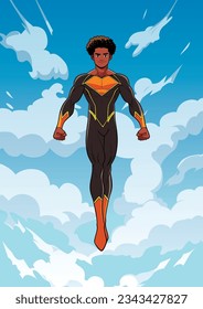 Anime style illustration of black teenage superhero flying in the sky.