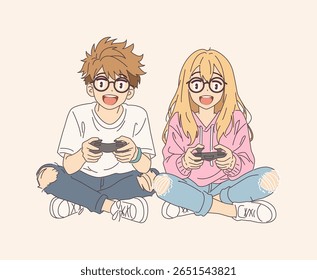 Anime style illustration of a joyful young couple playing video games. They sit on a neutral background. Their expressions convey excitement and fun in a casual setting.