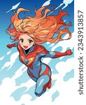 Anime style illustration of red haired superheroine flying in the sky.