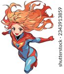 Anime style illustration of red haired superheroine flying on white background.