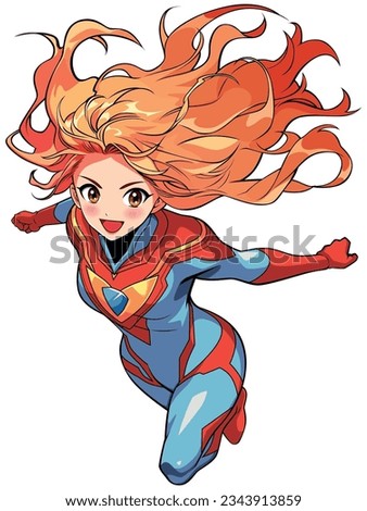 Anime style illustration of red haired superheroine flying on white background.