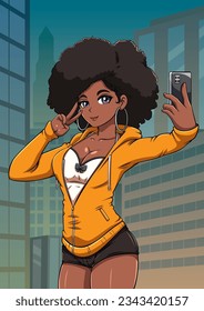 Anime style illustration of smiling black teenage girl, taking selfie on smartphone, showing peace gesture.