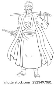 Anime style illustration of strong samurai on white background.