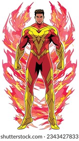 Anime style illustration of superhero with fire superpower, flying on white background.