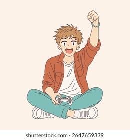 Ilustração estilo anime de um jovem homem feliz levantando seu punho na vitória. Ele está sentado de pernas cruzadas, segurando um controlador de jogo. Fundo neutro claro.